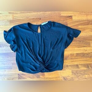 Lush Twisted Crop Top with Flowy Short Sleeves - Black - Size Small